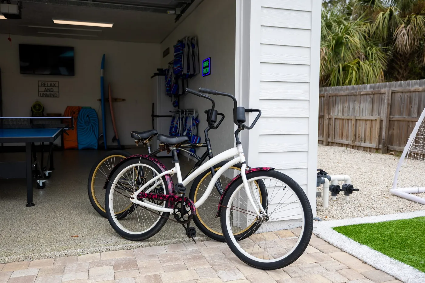 Family Tides garage game room with bikes